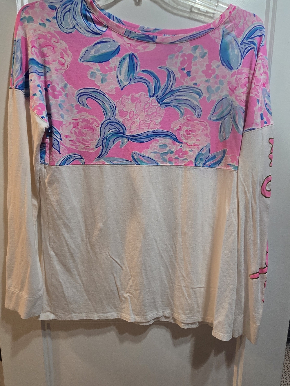 Lilly Pulitzer Pink & Blue Floral Panel Long-Sleeve Top with Cream Base Size M
